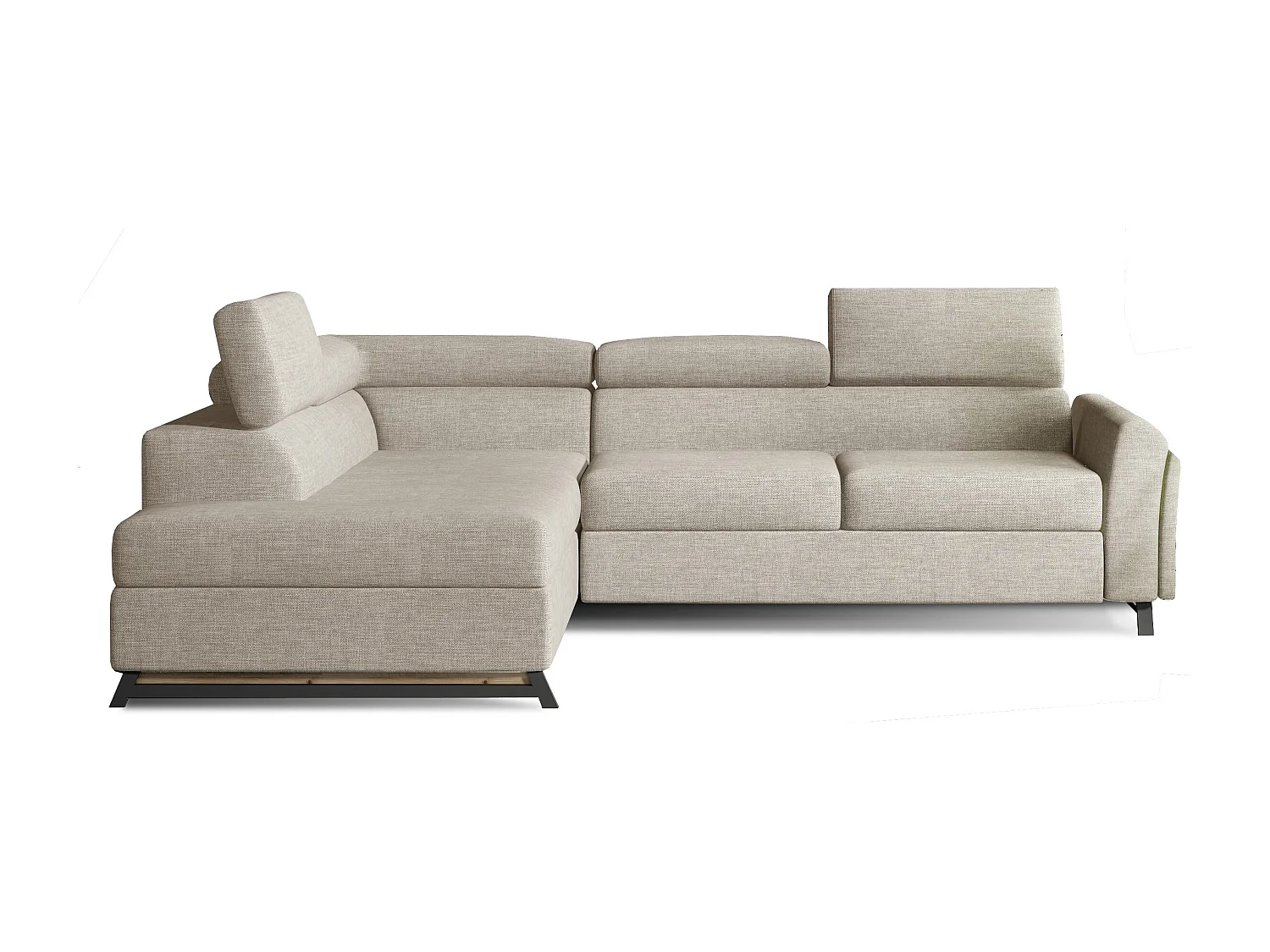 Canapé angle gauche convertible tissu beige clair avec têtières réglables Nikos 265cm