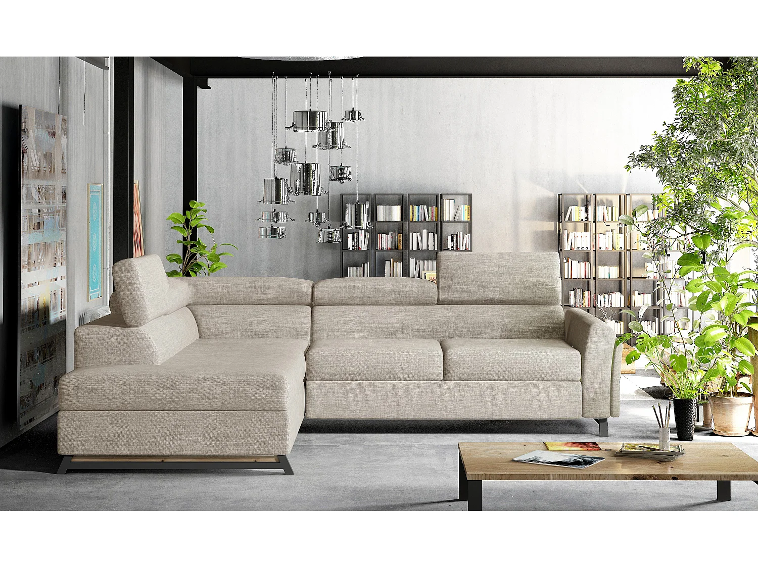 Canapé angle gauche convertible tissu beige clair avec têtières réglables Nikos 265cm