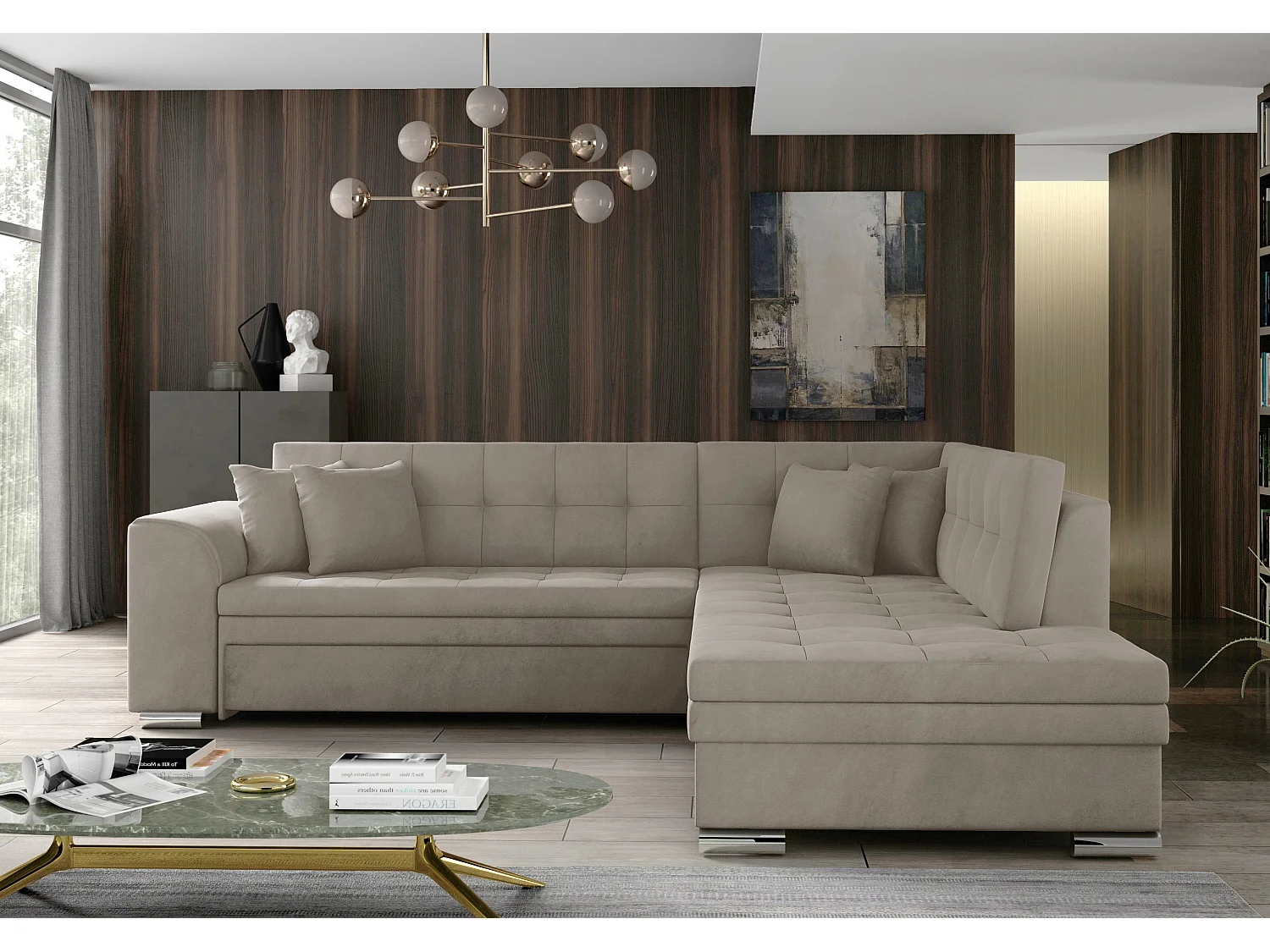 Canapé convertible angle droit velours beige clair et chromé Pika 260cm