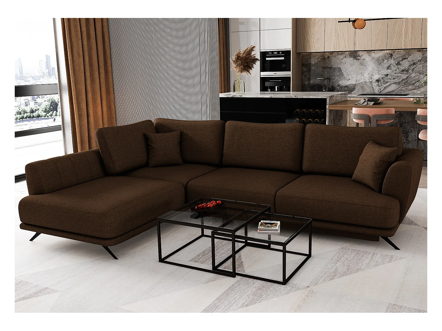 Canapé convertible angle gauche tissu marron Savary 280cm