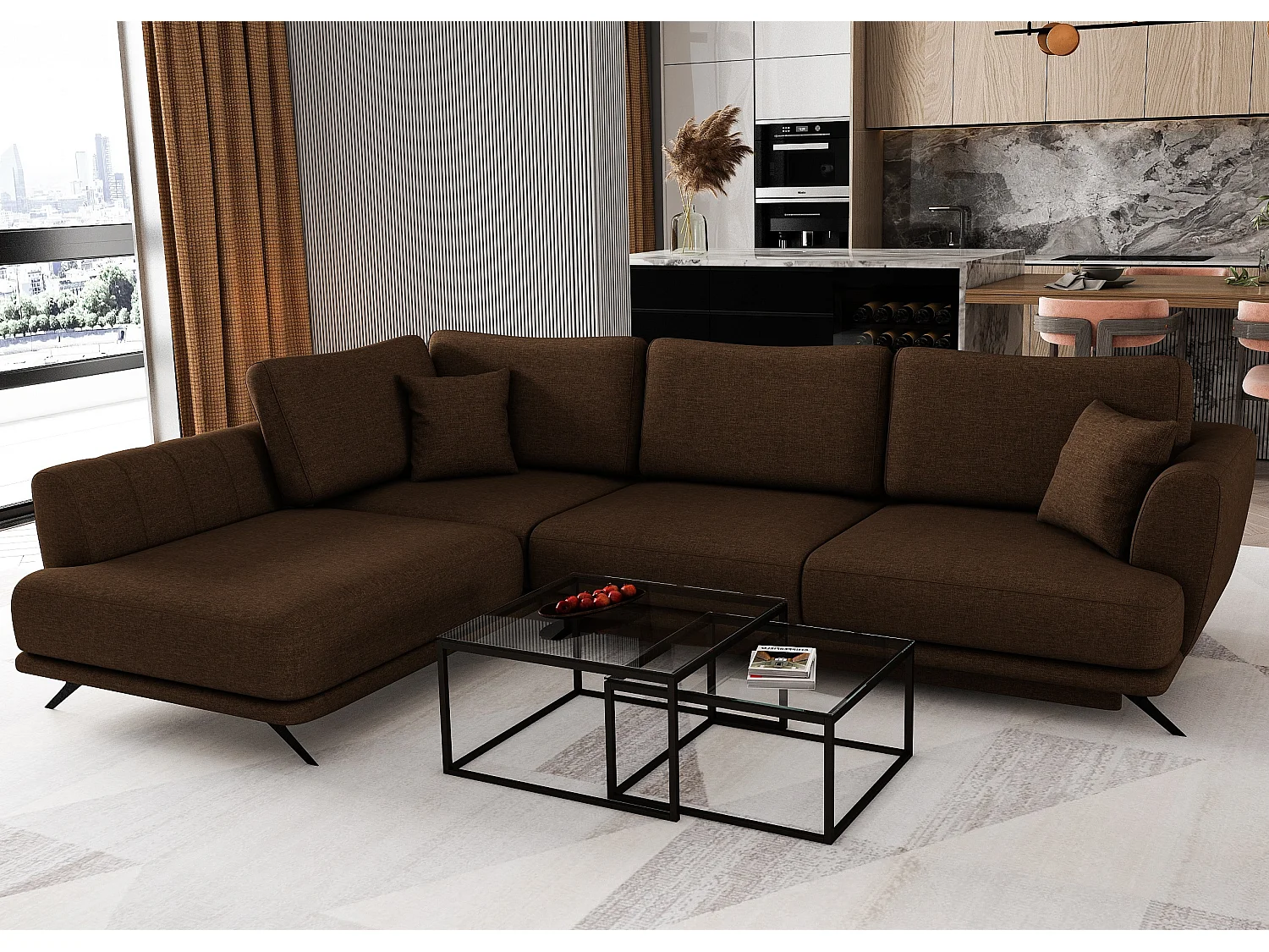 Canapé convertible angle gauche tissu marron Savary 280cm