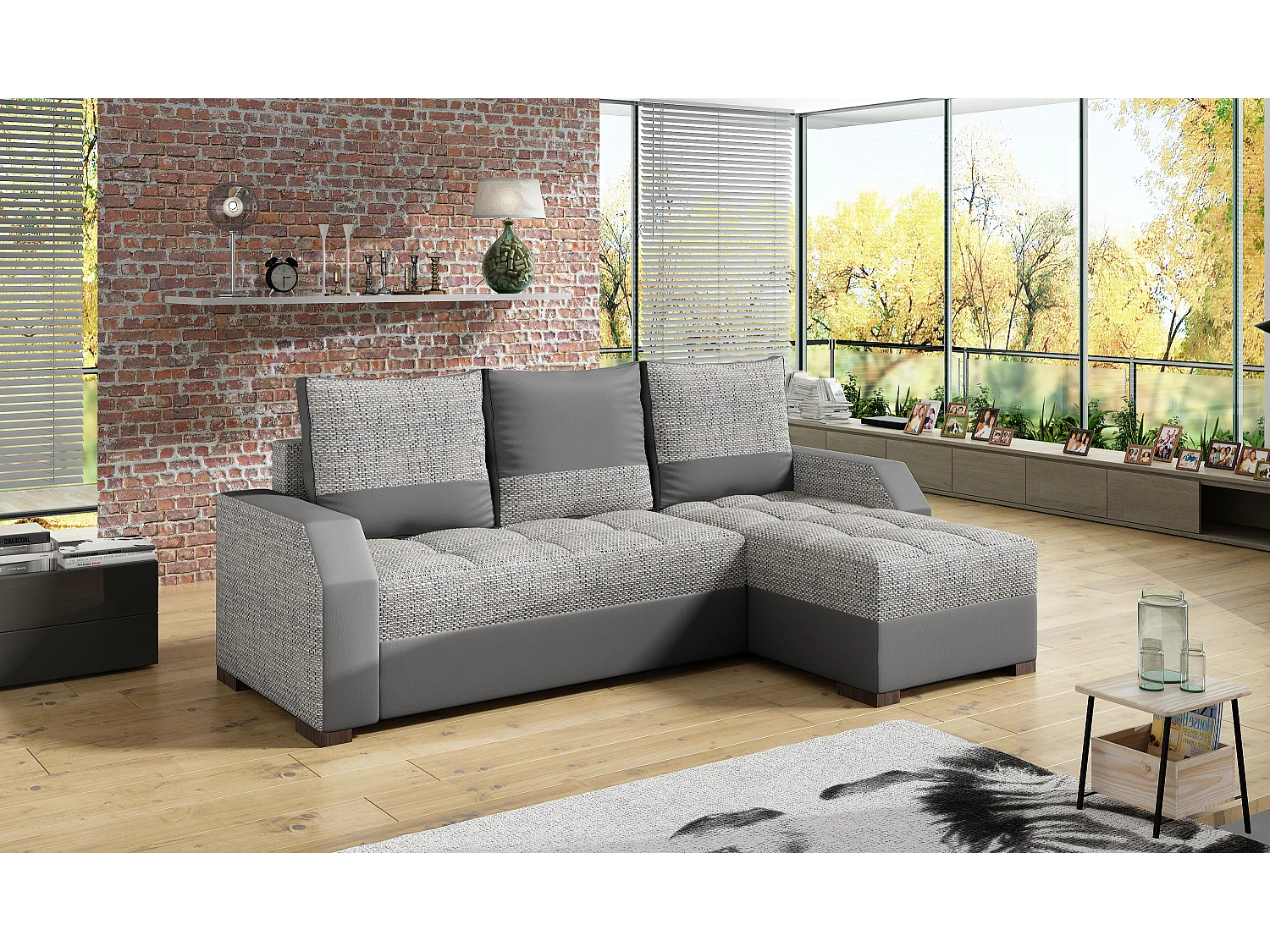 Canapé convertible angle réversible design tissu gris clair chiné et simili cuir gris Zarky 250cm