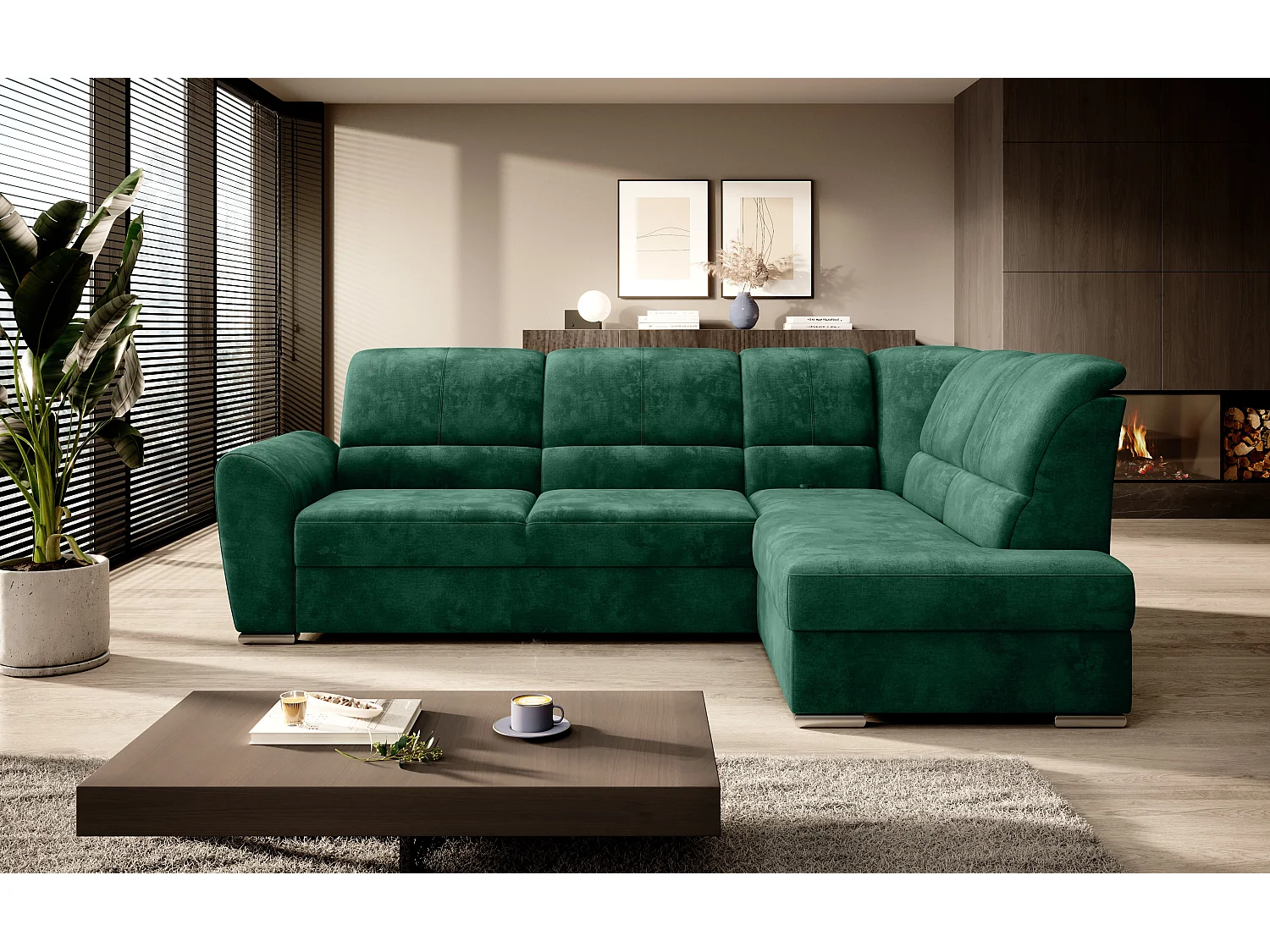 Converteerbare hoekbank rechts in zachtgroene stof en chroomstalen poten Zabor 270 cm