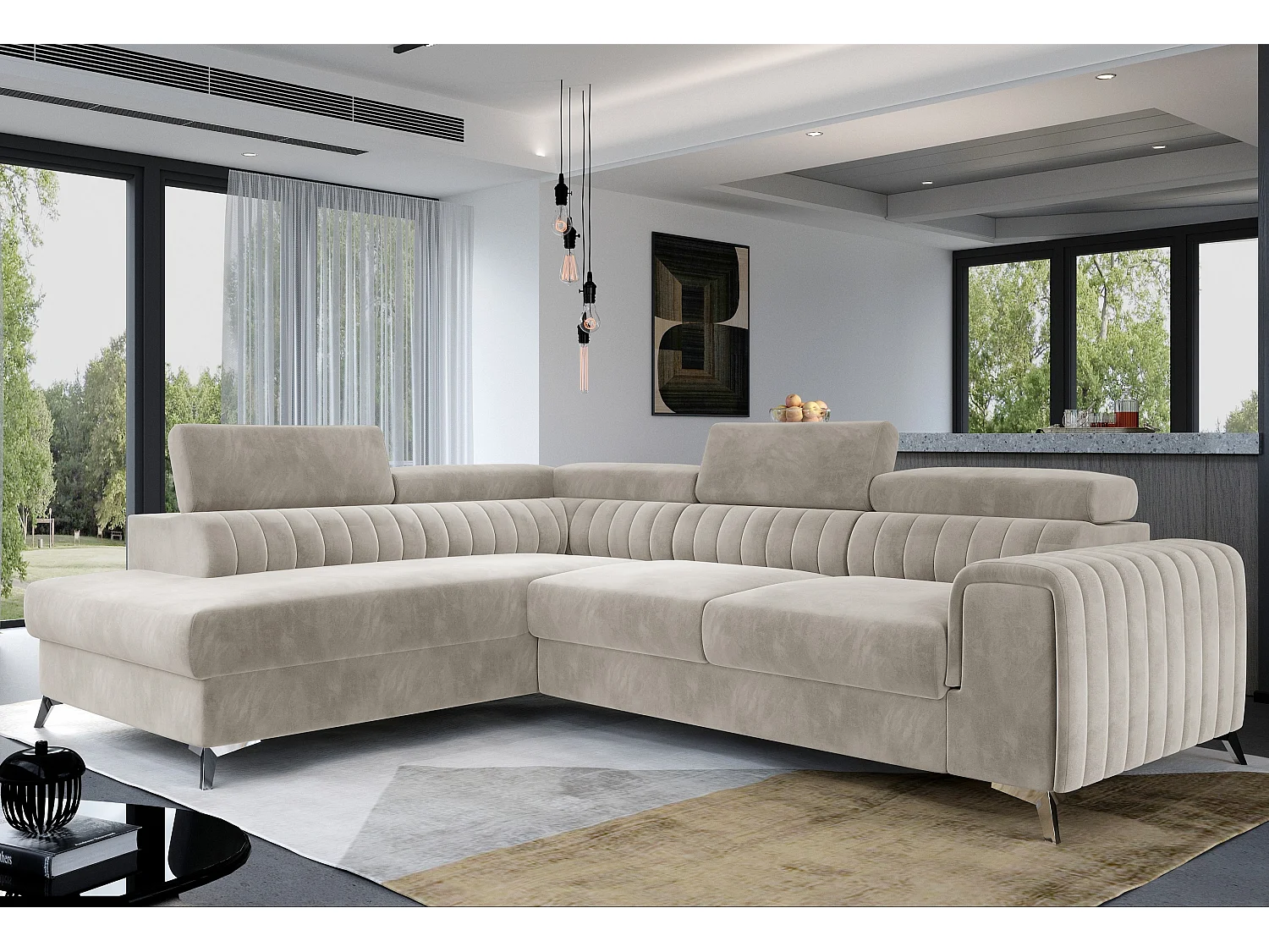 Canapé angle gauche convertible avec appuis-tête réglables velours beige clair Lozan 275cm