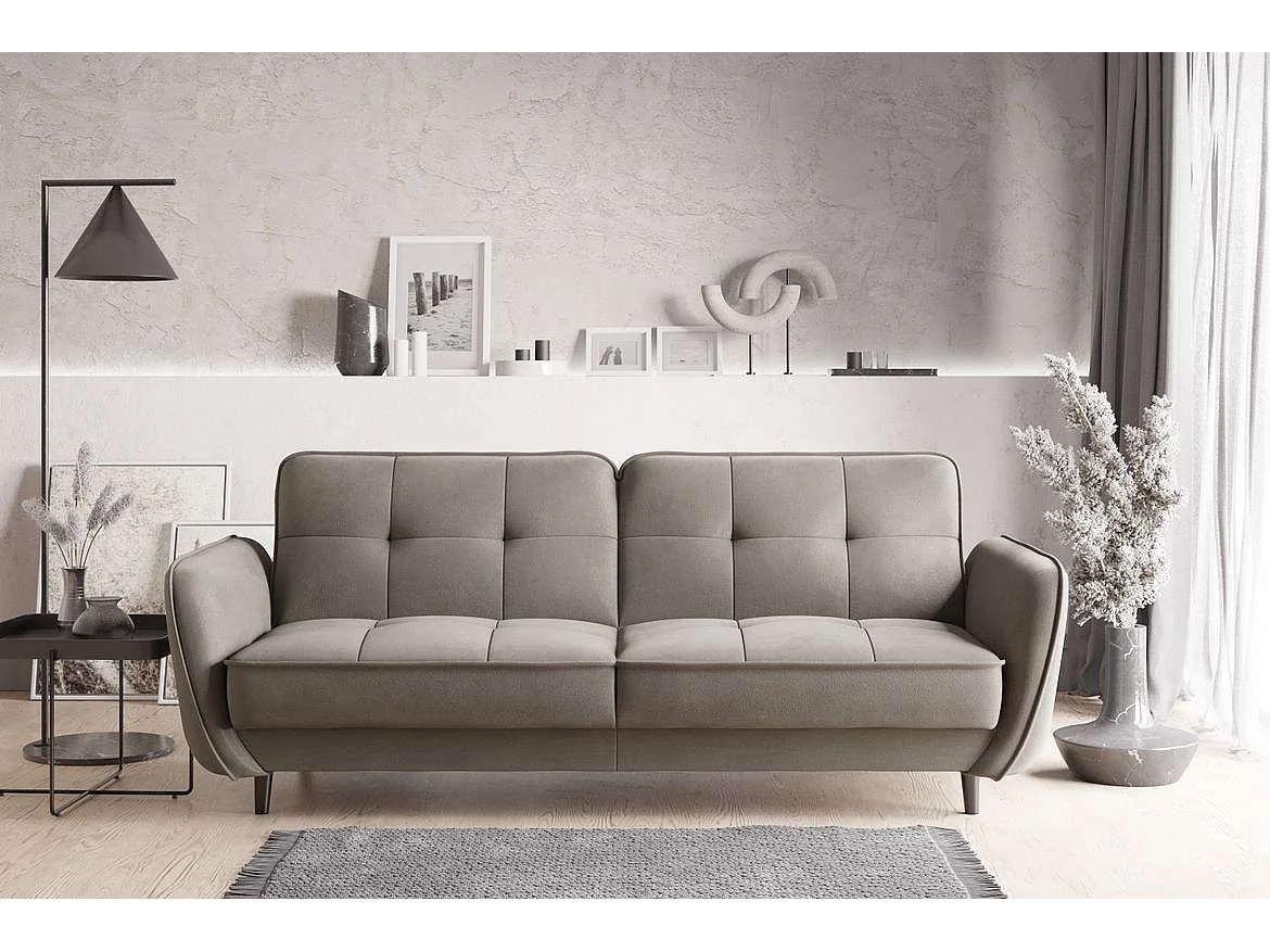 Canapé convertible 3 places velours beige capitonné et pieds bois noir Bizza 220cm