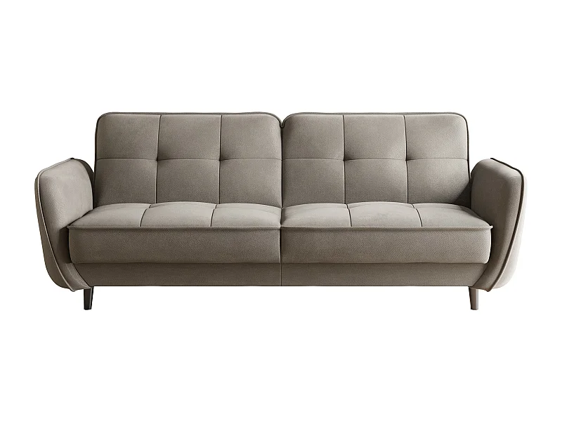 Canapé convertible 3 places velours beige capitonné et pieds bois noir Bizza 220cm