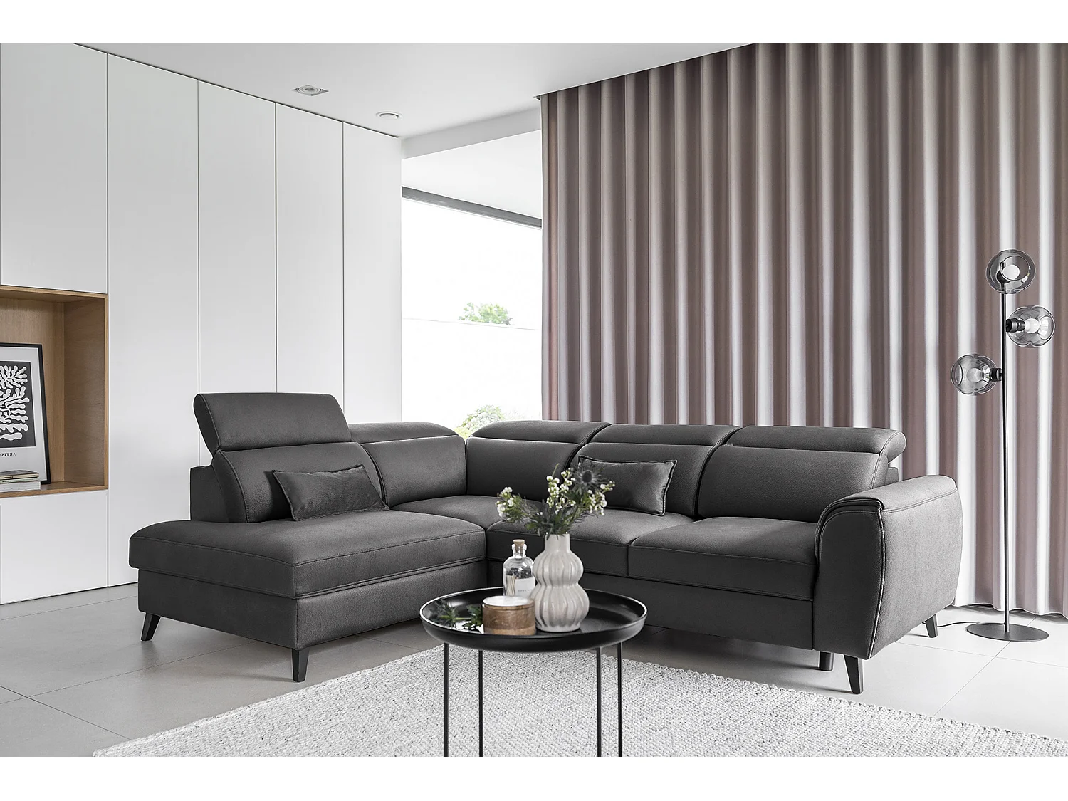 Canapé d'angle gauche convertible tissu gris anthracite Noblesse 255cm