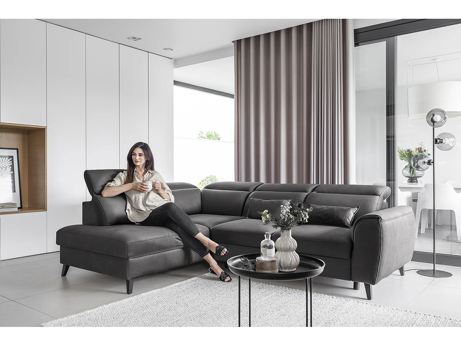 Canapé d'angle gauche convertible tissu gris anthracite Noblesse 255cm