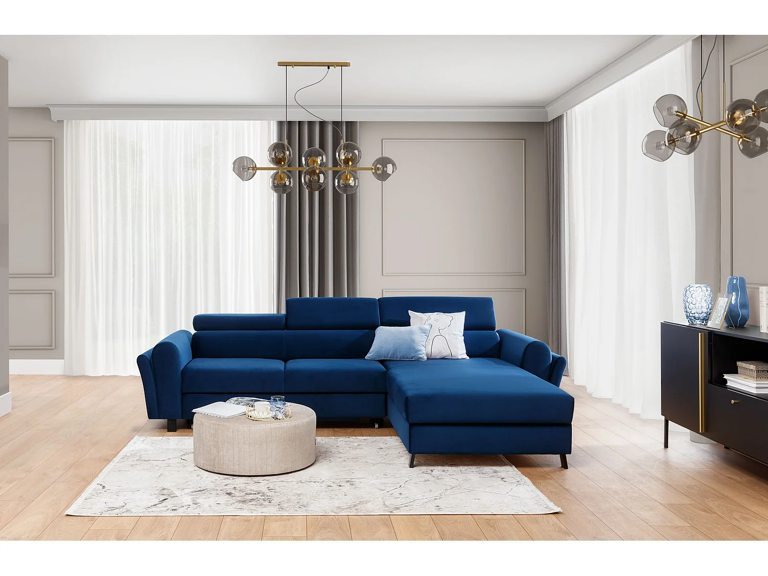 Canapé angle gauche convertible tissu jaune avec appuis-tête réglables Mazerali 300cm