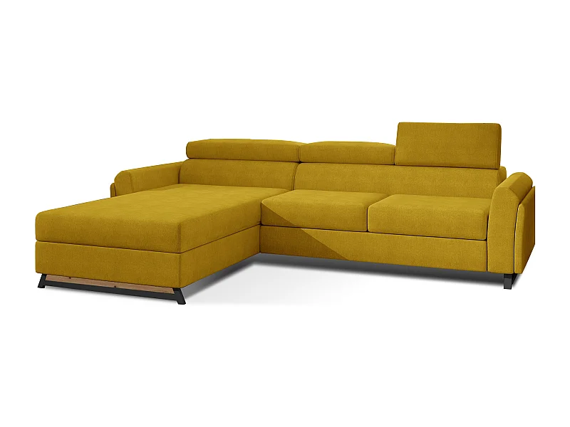 Canapé d’angle convertible MAZALI tissu- Appuis-tête réglables et rangement-Jaune curry-Méridienne A gauche