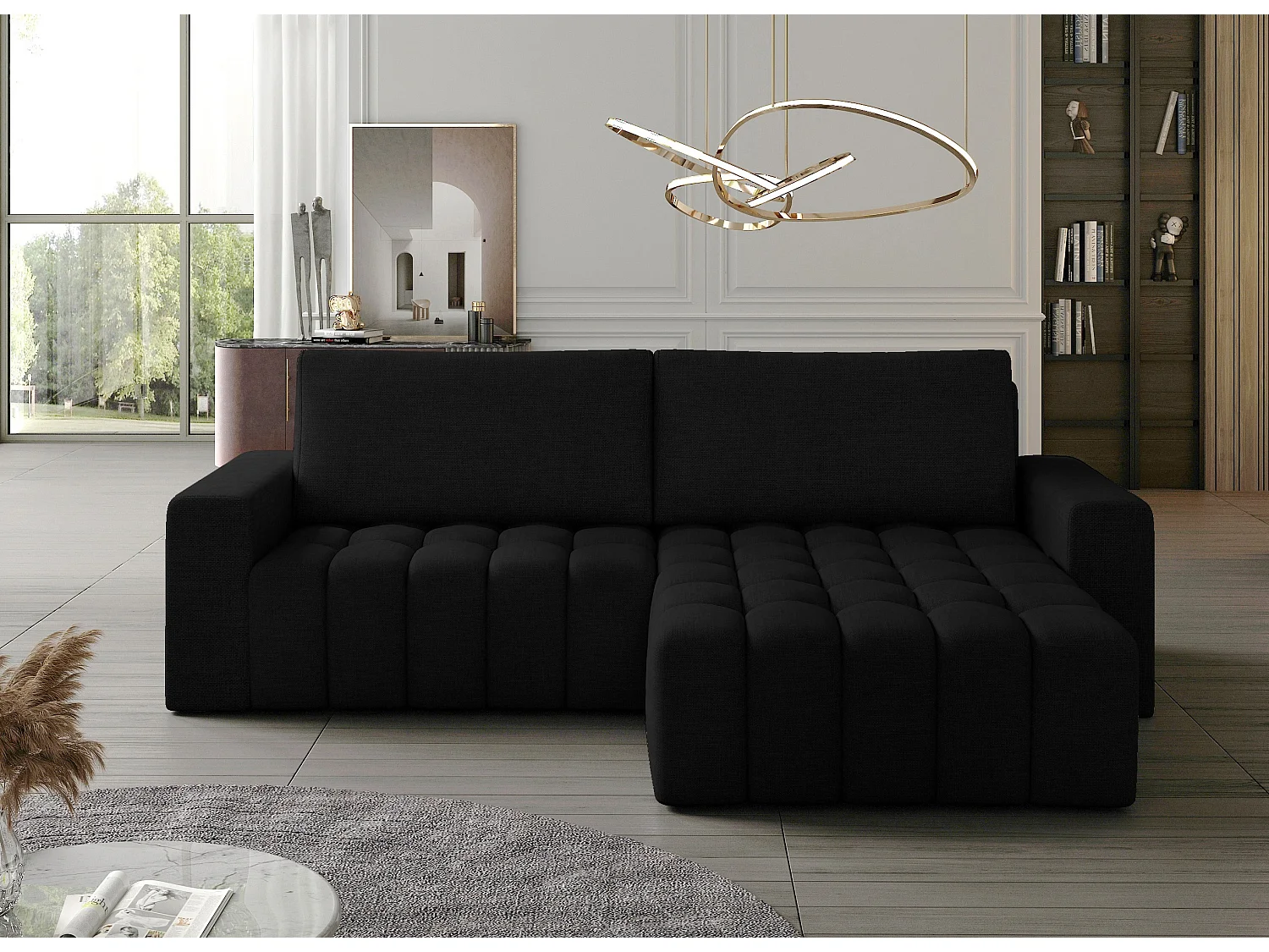 Canapé convertible design tissu matelassé noir angle droit Bozen 250cm