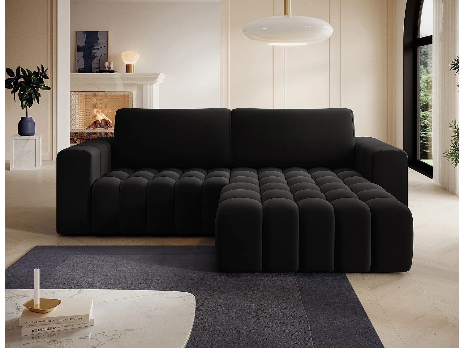 Canapé d’angle tissu capitonné BOZEN – Convertible et rangement-Noir-angle droit