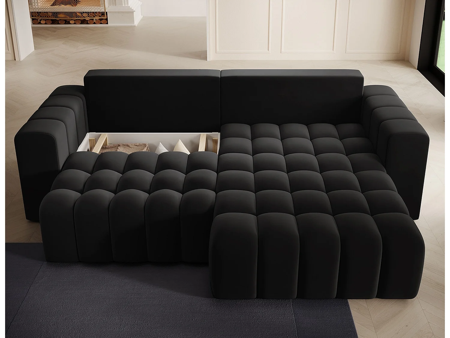 Canapé d’angle tissu capitonné BOZEN – Convertible et rangement-Noir-angle droit