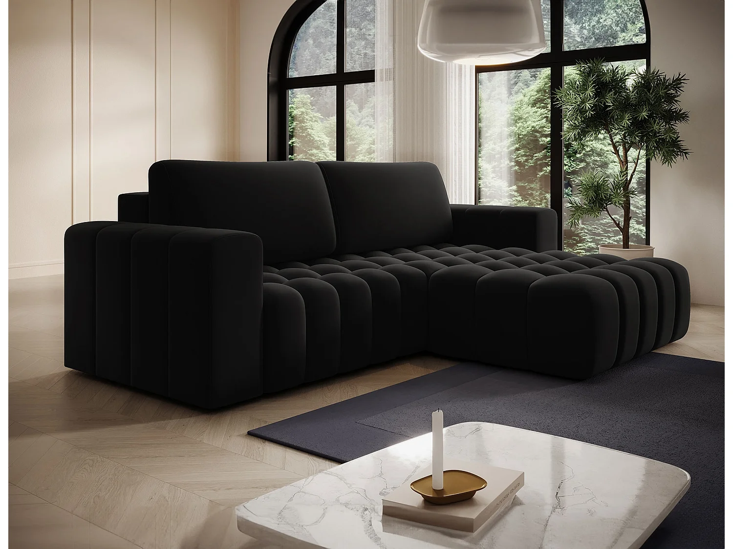 Canapé d’angle tissu capitonné BOZEN – Convertible et rangement-Noir-angle droit