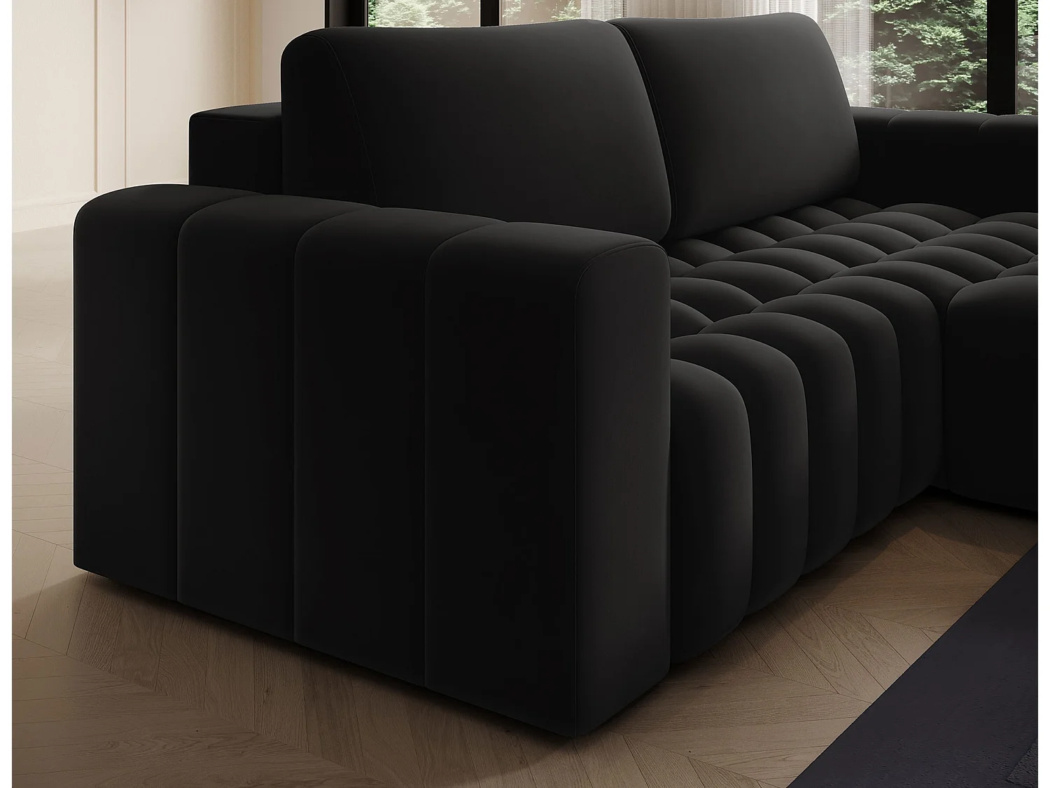 Canapé d’angle tissu capitonné BOZEN – Convertible et rangement-Noir-angle droit