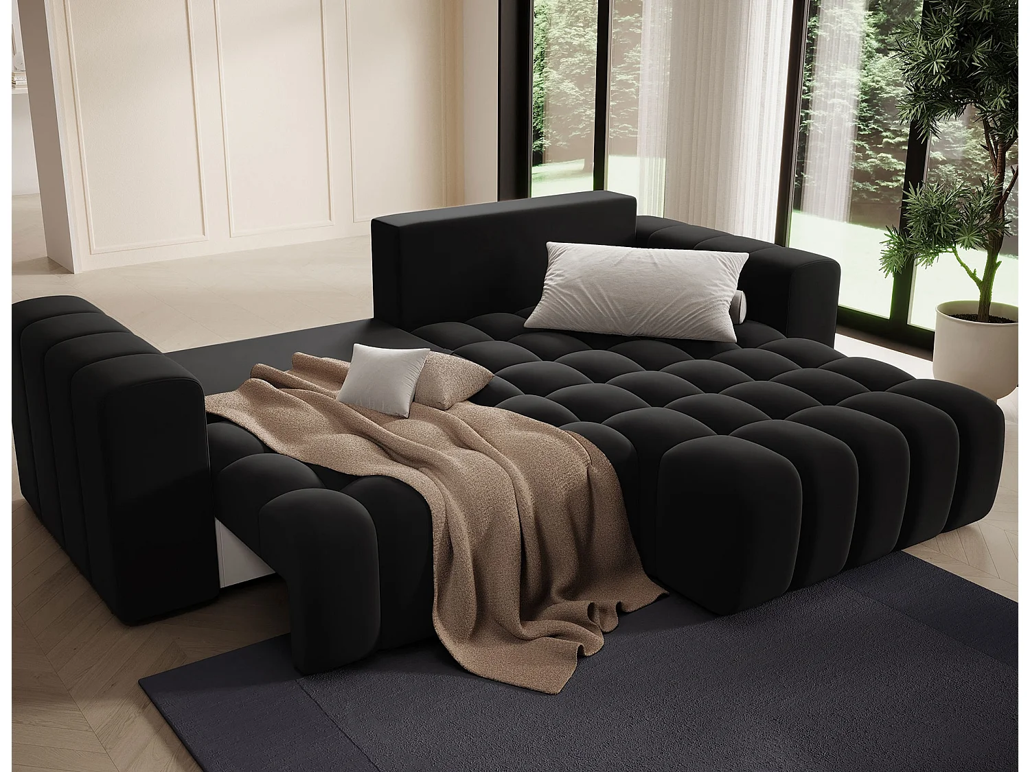 Canapé d’angle tissu capitonné BOZEN – Convertible et rangement-Noir-angle droit