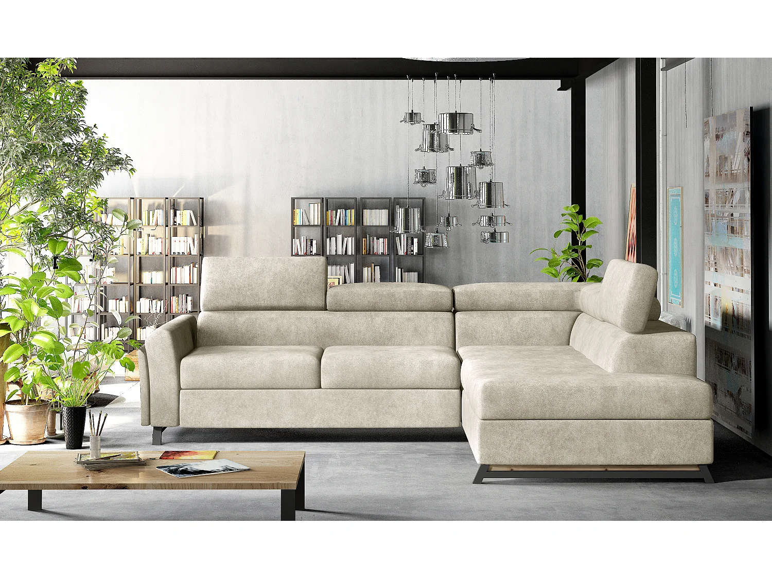 Canapé angle droit convertible tissu beige avec têtières réglables Nikos 265cm