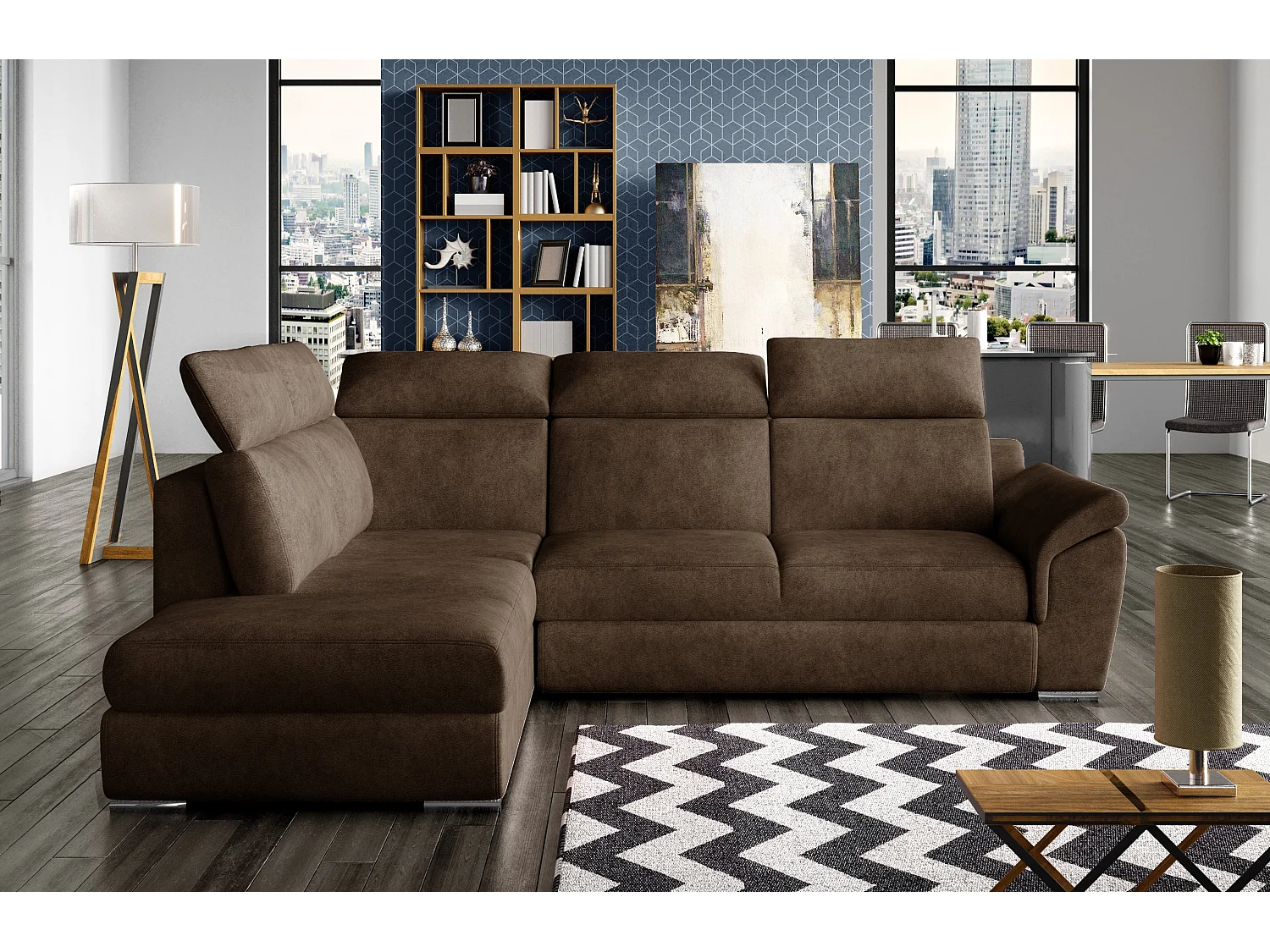 Canapé angle gauche convertible tissu marron avec appuis-tête réglables Kepita 260cm