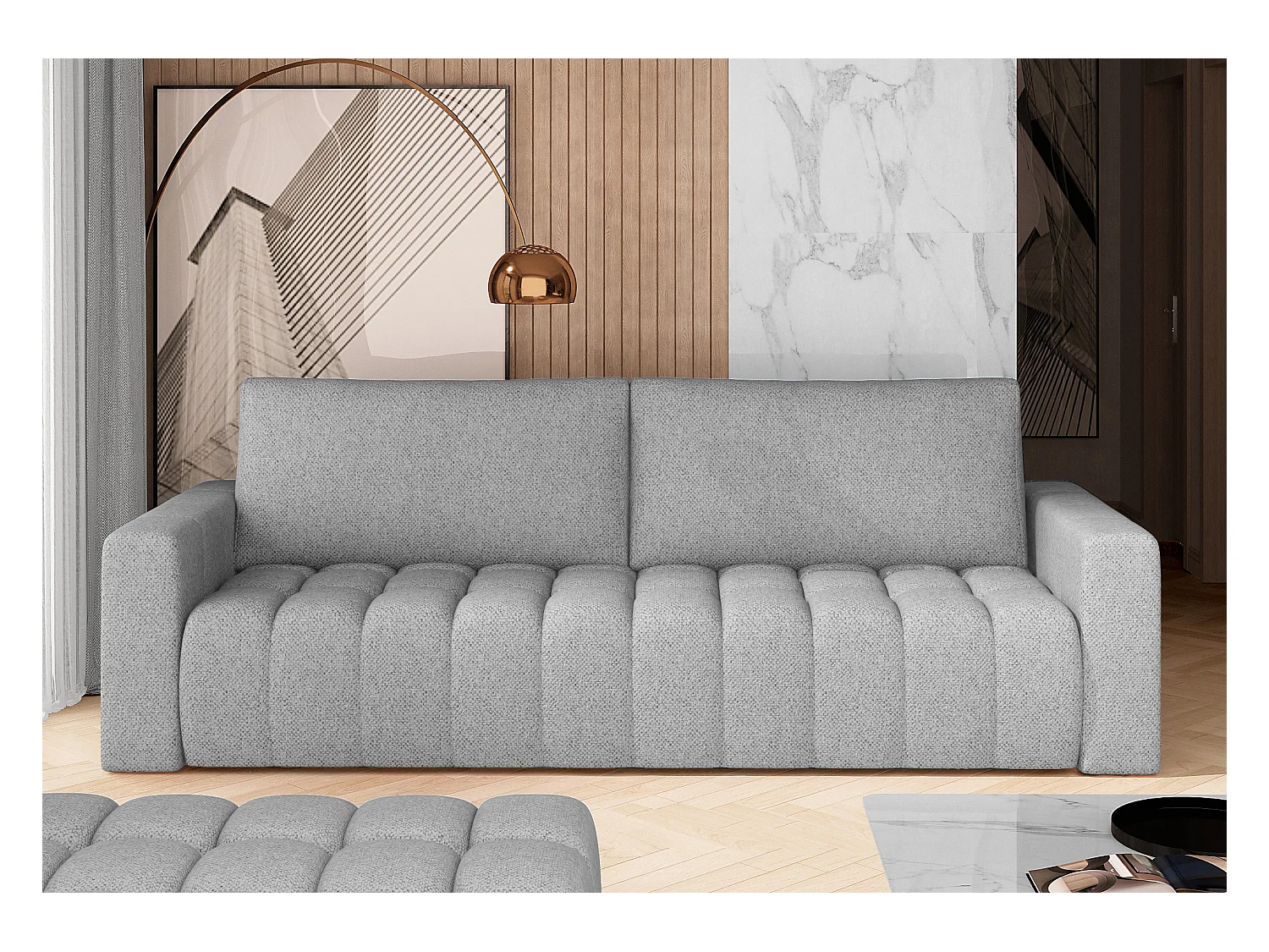 Canapé convertible 3 places tissu gris clair avec coffre de rangement Larko 245cm