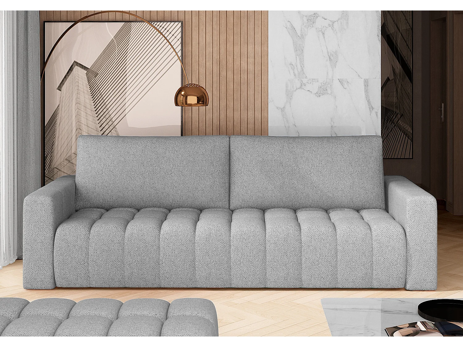 Canapé convertible 3 places tissu gris clair avec coffre de rangement Larko 245cm