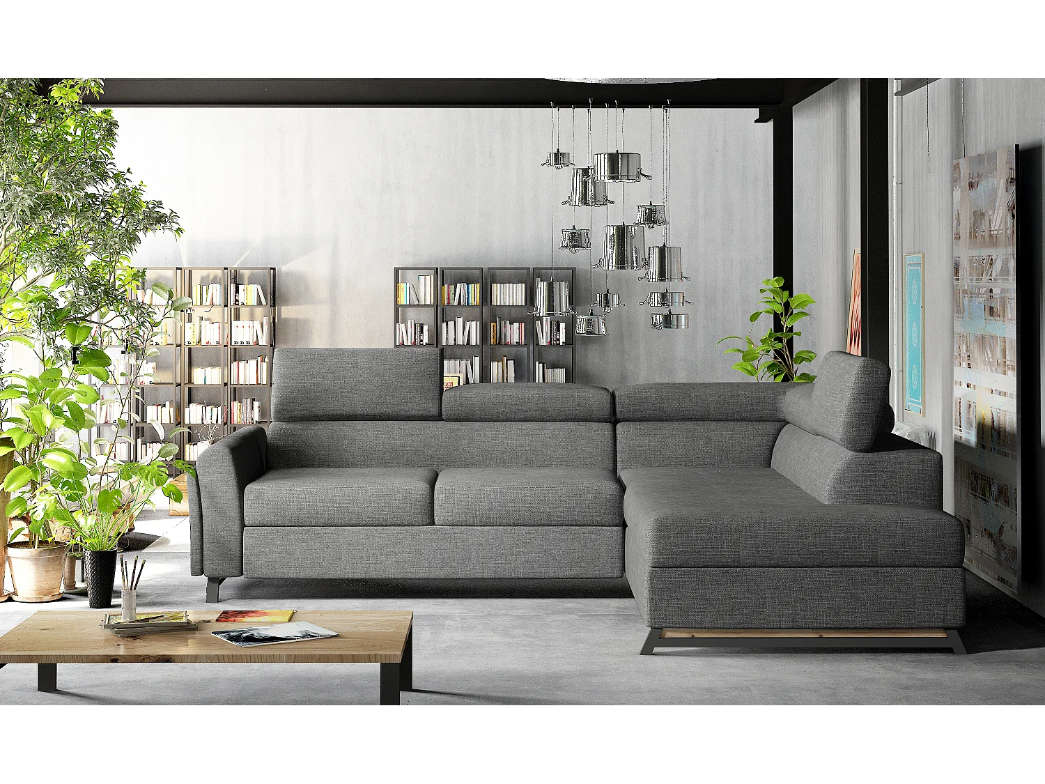 Canapé angle droit convertible tissu gris foncé avec têtières réglables Nikos 265cm