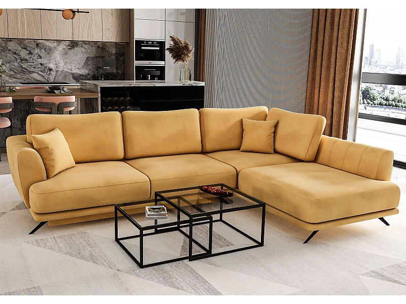 Canapé convertible angle droit velours jaune Savary 280cm