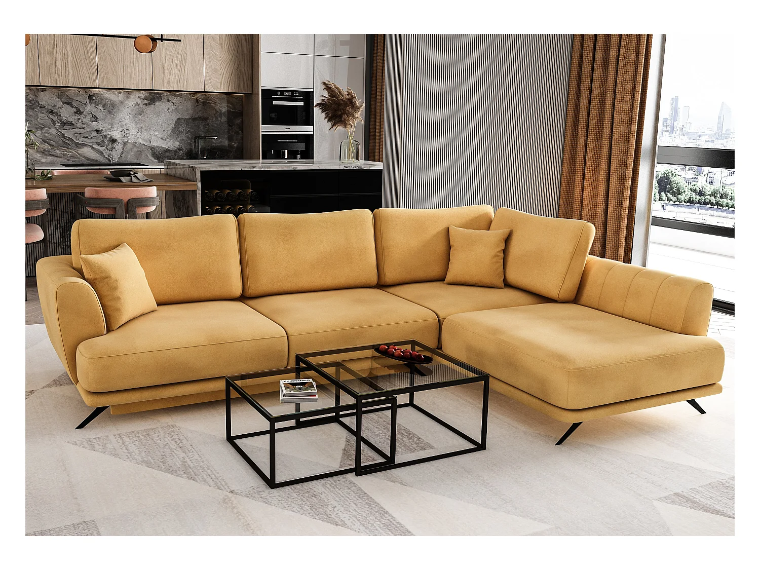 Canapé convertible angle droit velours jaune Savary 280cm