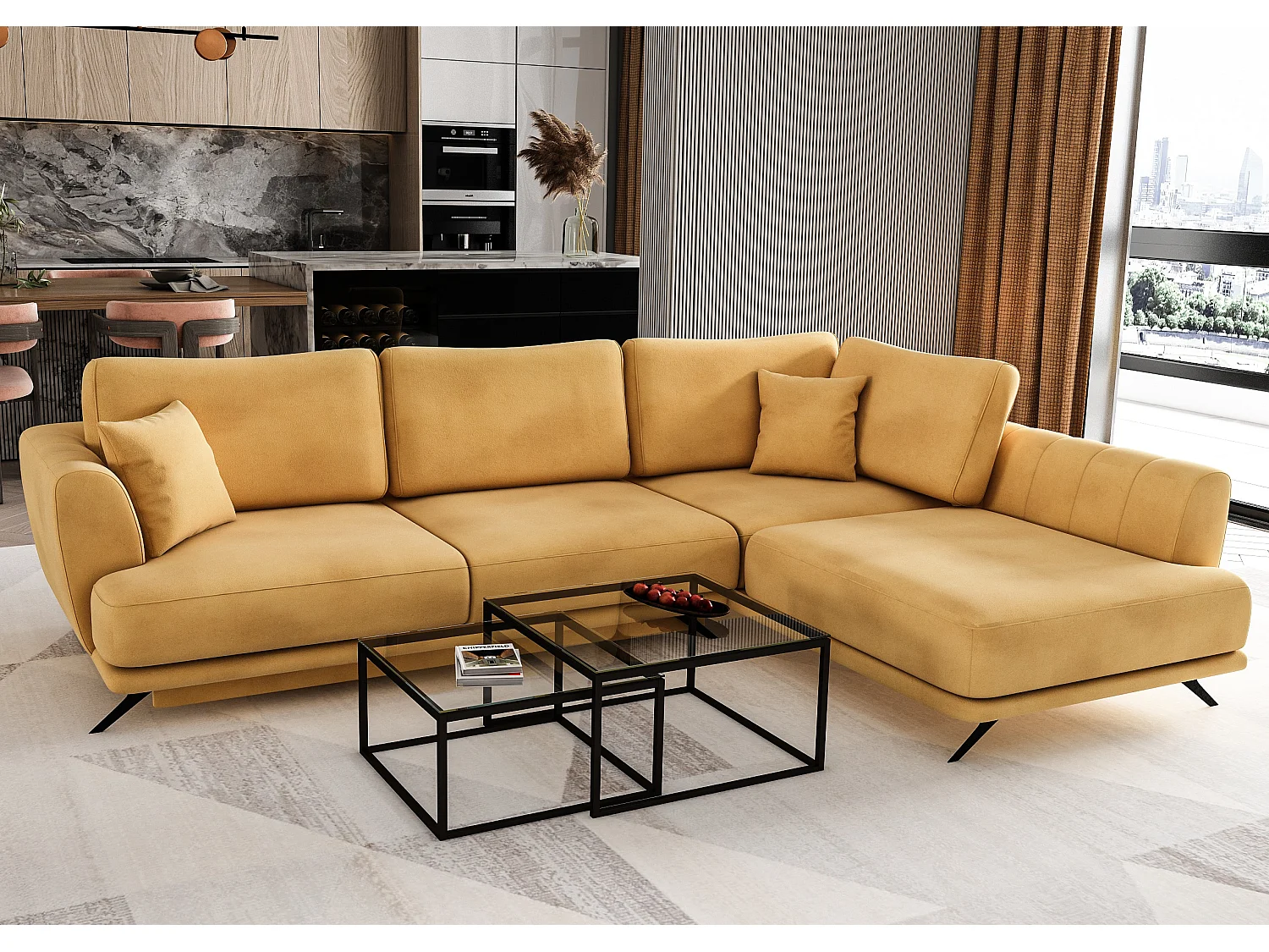 Savary gele fluwelen hoekbank rechts 280 cm