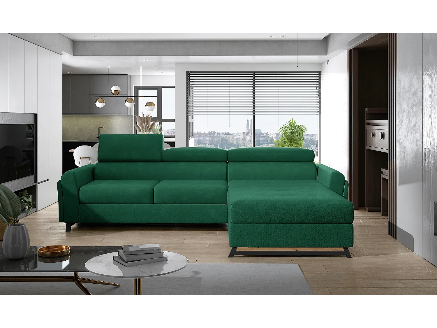 Canapé angle droit convertible velours vert bouteille avec appuis-tête réglables Mazerali 300cm