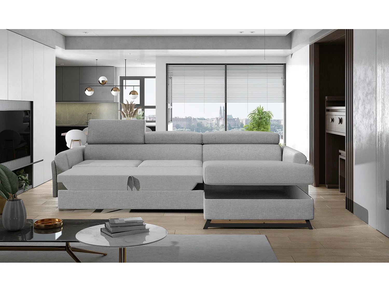 Canapé angle droit convertible velours vert bouteille avec appuis-tête réglables Mazerali 300cm