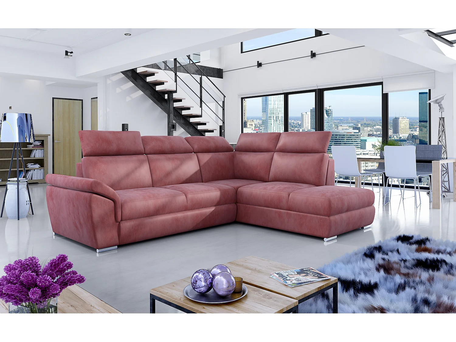 Canapé angle droit convertible velours rose foncé avec appuis-tête réglables Kepita 260cm