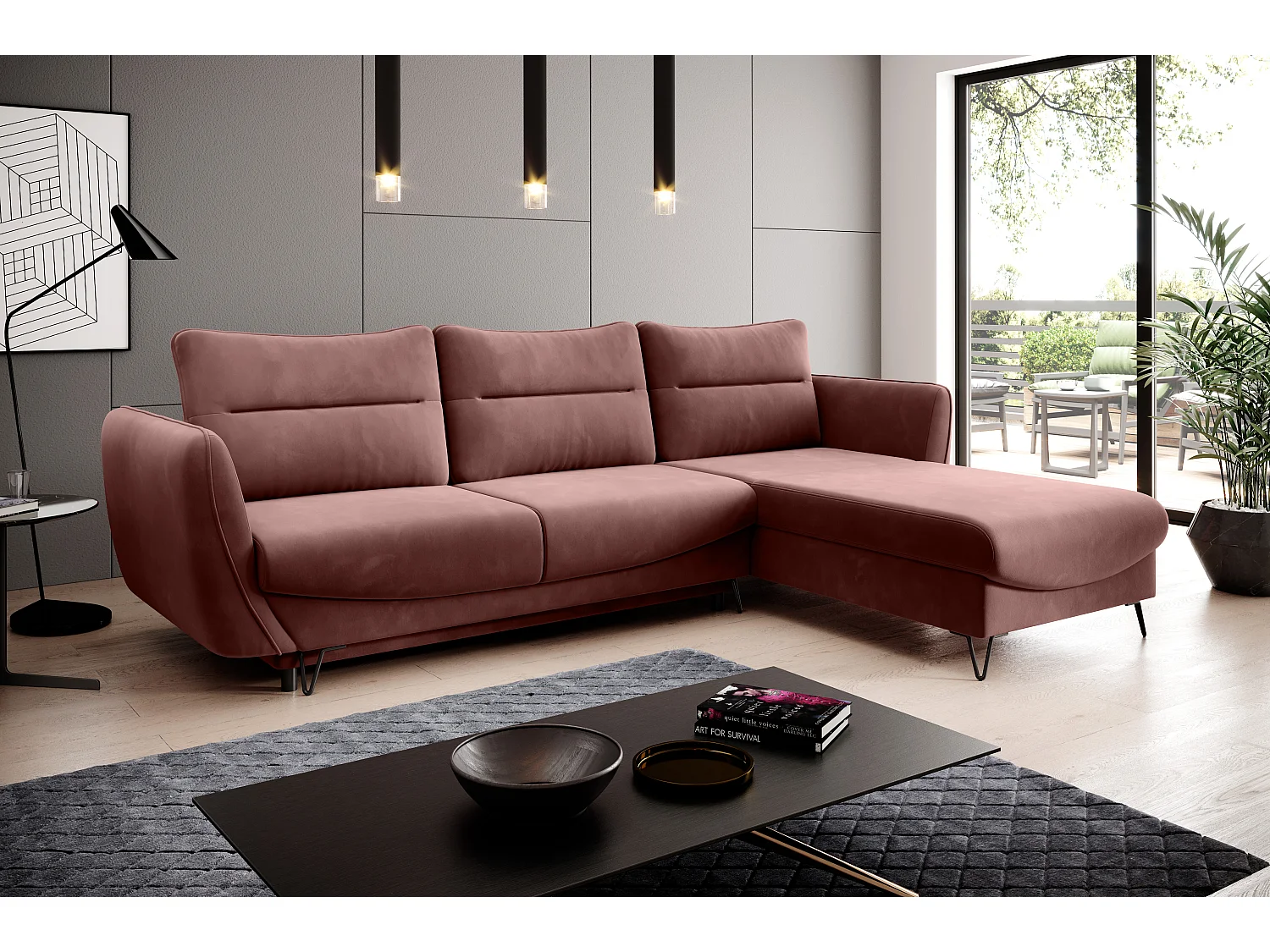 Canapé d'angle droit convertible tissu rouille Zurik 276cm