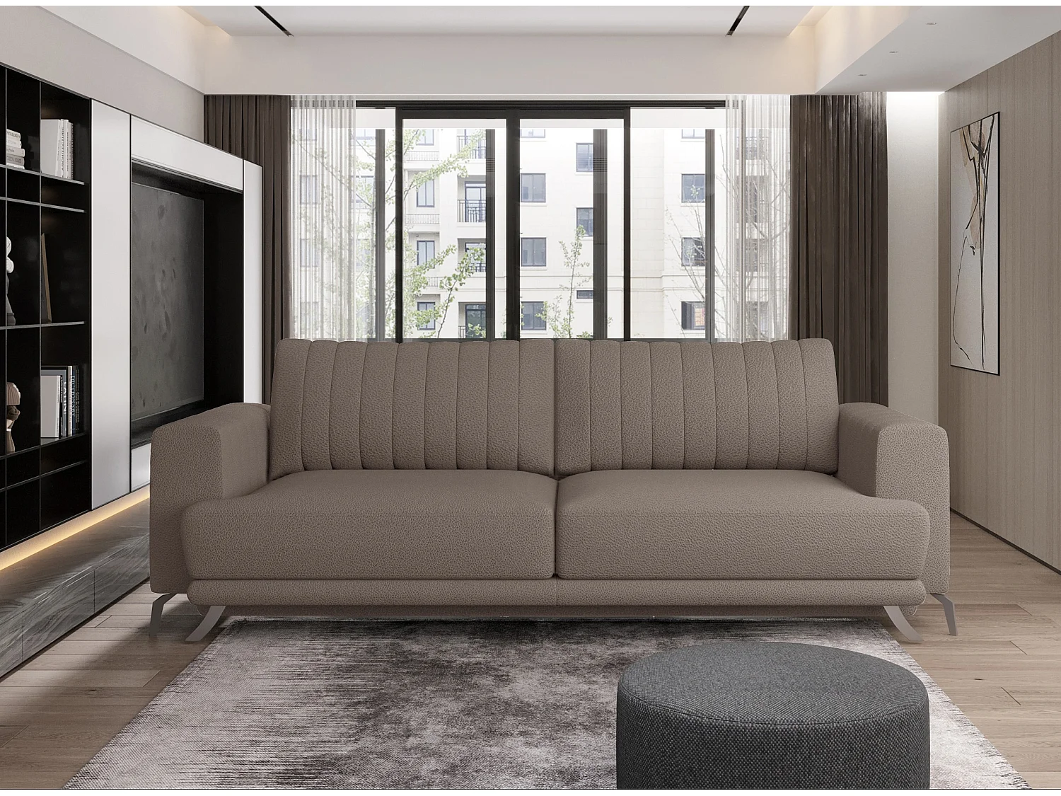 Canapé convertible design 3-4 places tissu beige foncé et pieds acier chromé Eliza 250cm