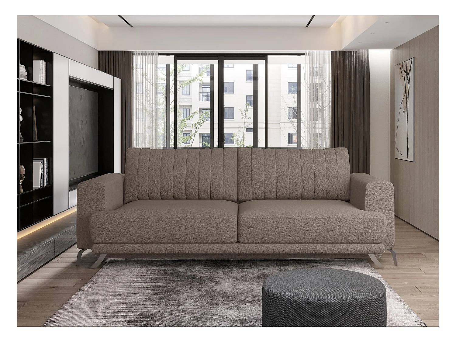 Canapé convertible design 3-4 places tissu beige foncé et pieds acier chromé Eliza 250cm