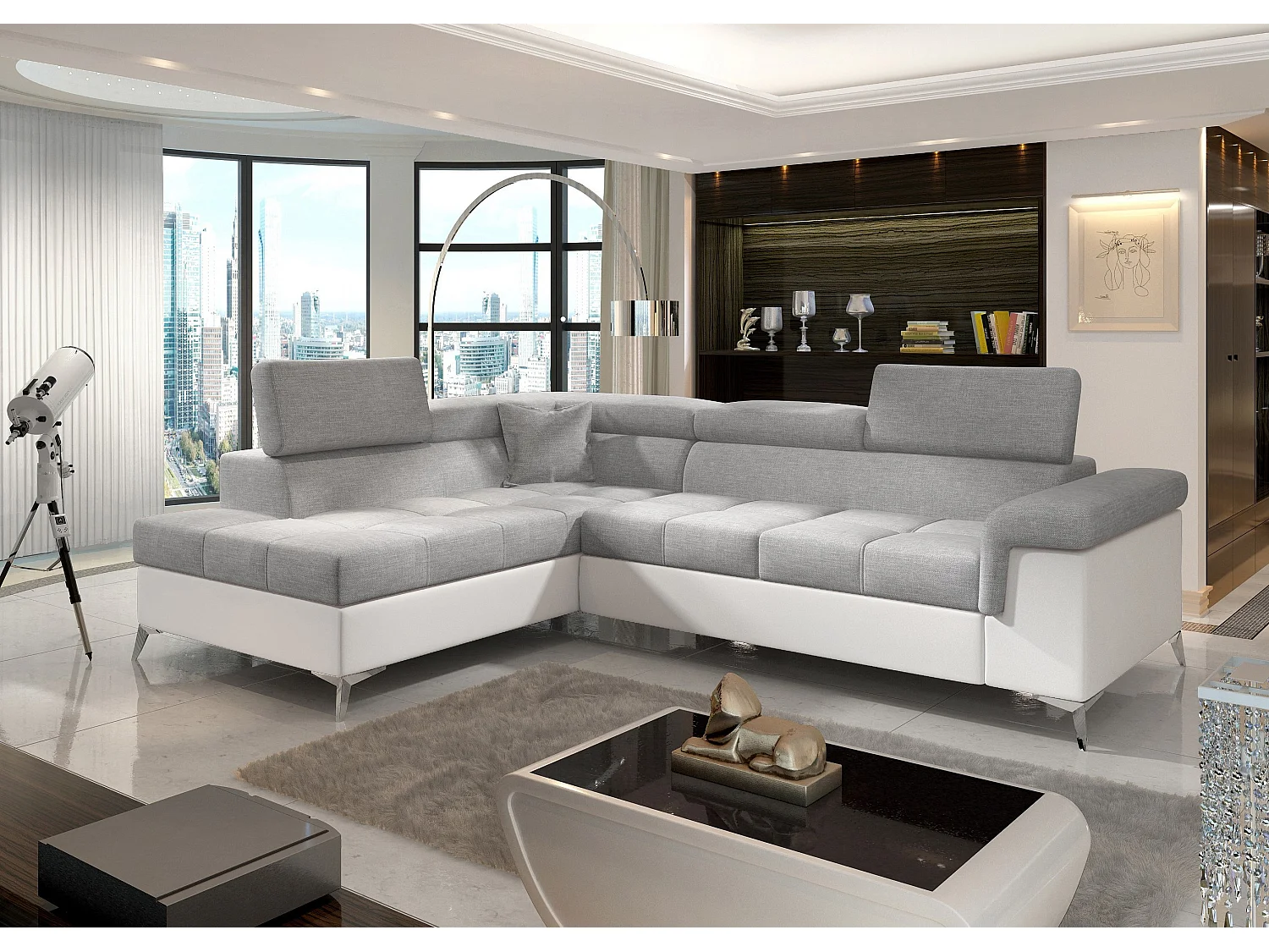 Canapé d'angle gauche convertible tissu gris clair et simili blanc Marido 275cm