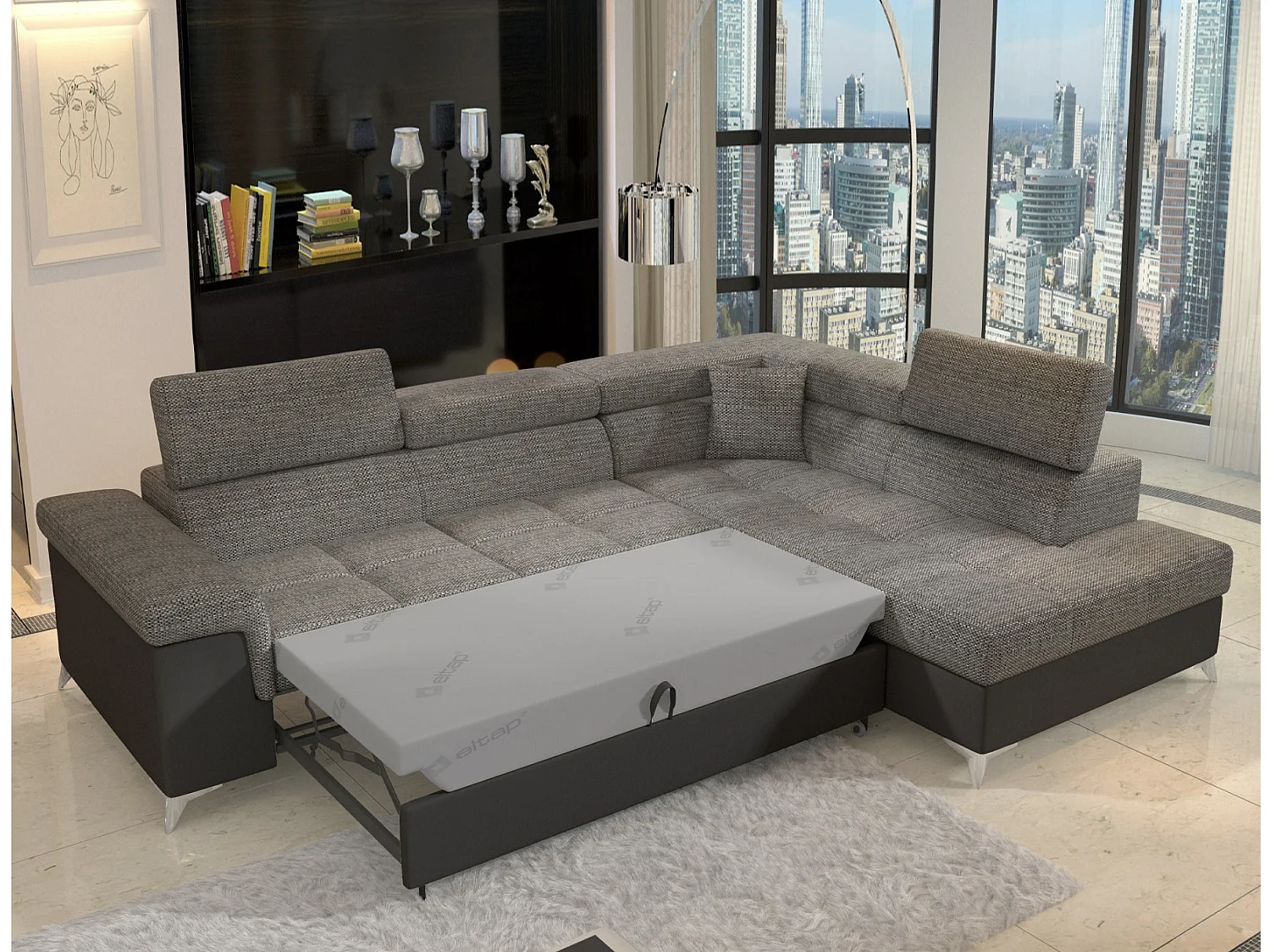 Canapé d'angle convertible Bi matière MARIDO - Coffre et appuis-tête réglables-Blanc/Gris clair-angle gauche