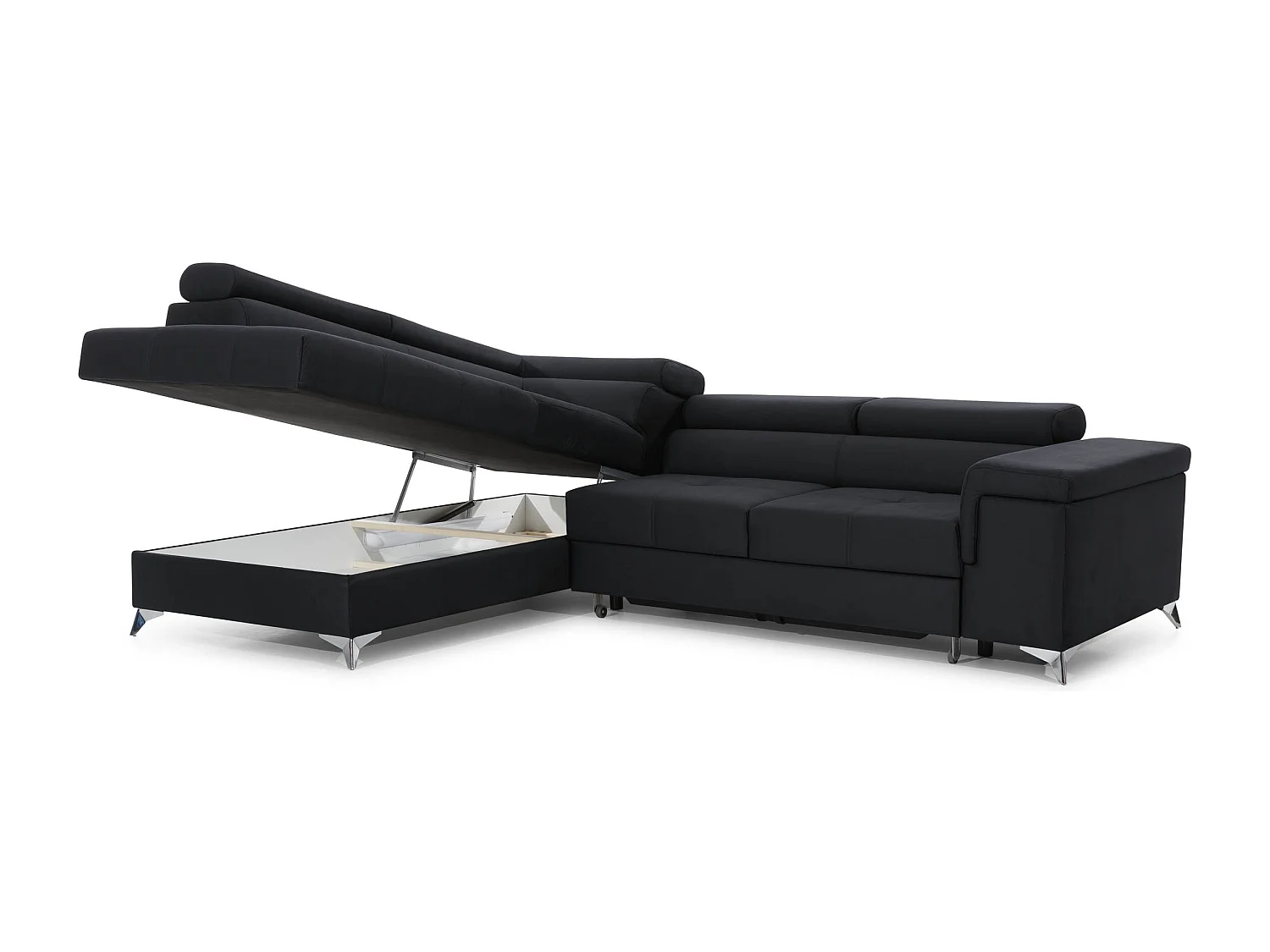 Canapé d'angle convertible Bi matière MARIDO - Coffre et appuis-tête réglables-Blanc/Gris clair-angle gauche