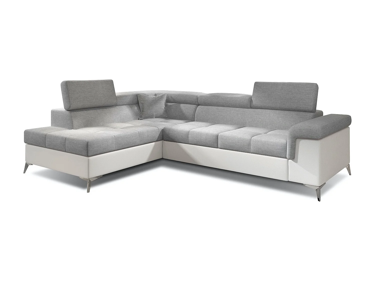 Sofá esquinero convertible bimaterial MARIDO - Almacenaje y reposacabezas ajustables-Blanco/Gris claro-Ángulo izquierdo