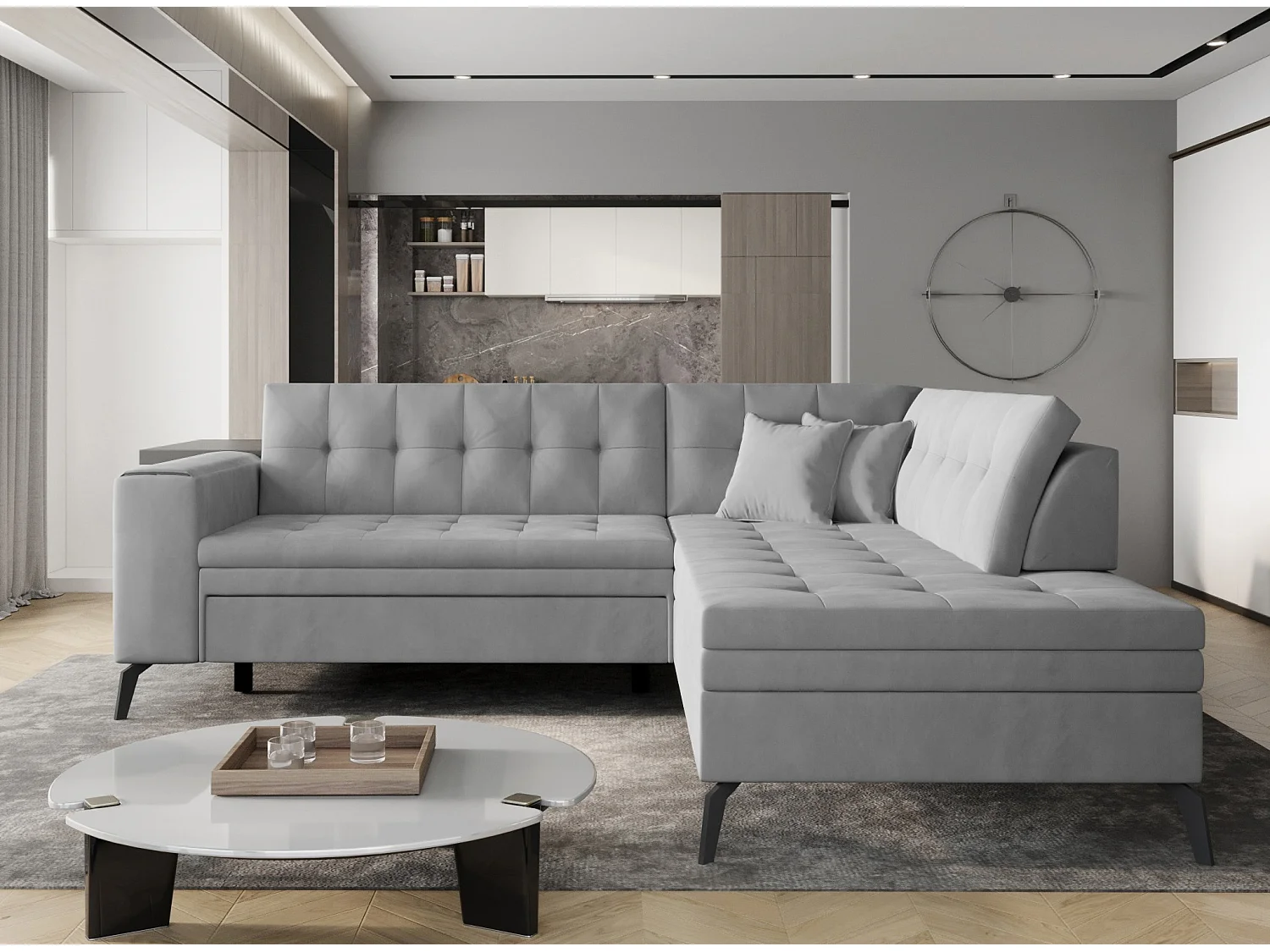 Canapé convertible capitonné angle droit tissu doux brillant gris clair Larry 260cm