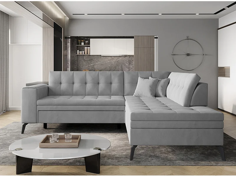 Canapé convertible capitonné angle droit tissu doux brillant gris clair Larry 260cm