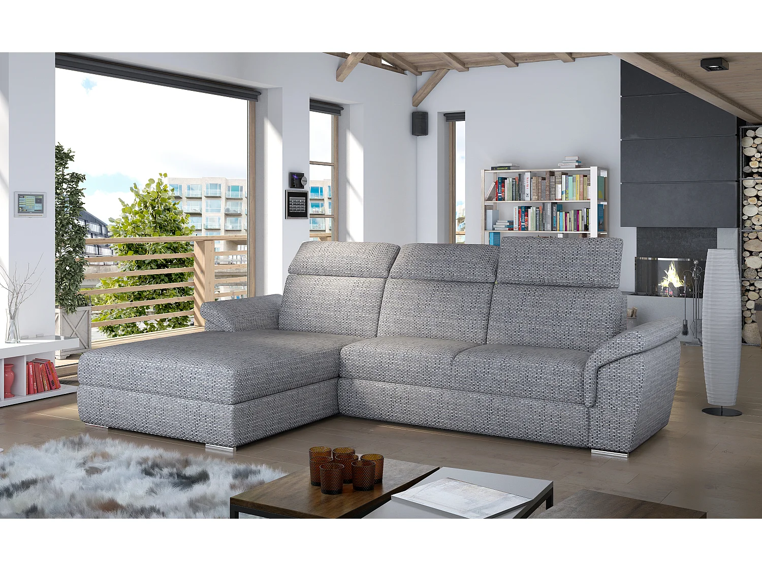 Canapé convertible d'angle gauche tissu gris clair chiné têtières réglables Suzy 272cm