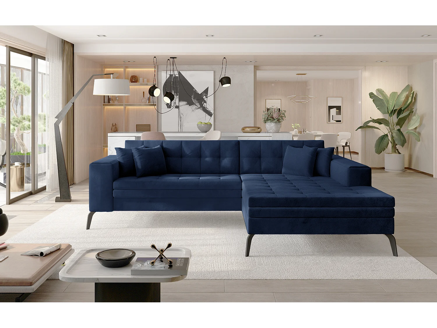 Canapé convertible capitonné angle droit velours bleu marine et pieds métal noir Lazor 295cm