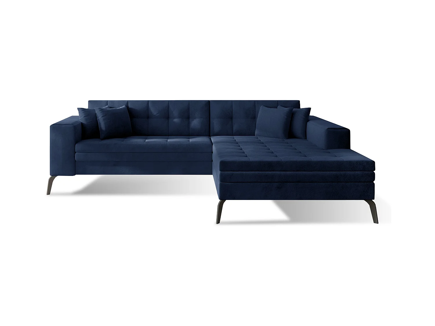Canapé convertible capitonné angle droit velours bleu marine et pieds métal noir Lazor 295cm