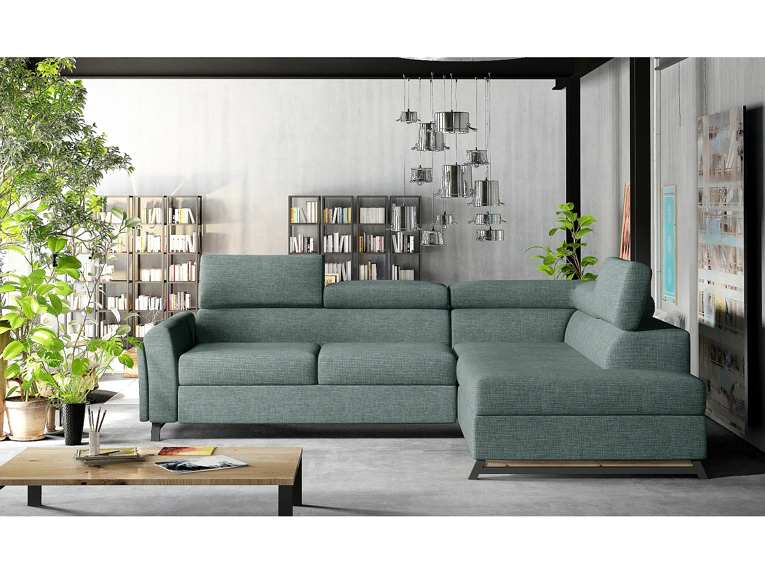 Canapé angle droit convertible tissu vert d'eau avec têtières réglables Nikos 265cm