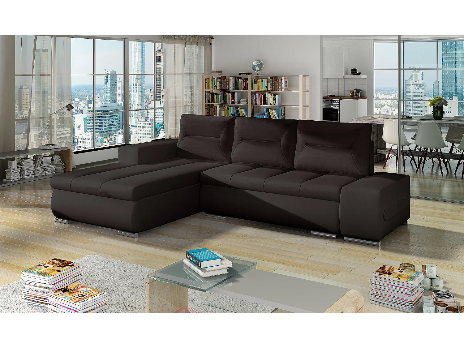 Canapé d'angle gauche convertible simili cuir marron Waker 275cm