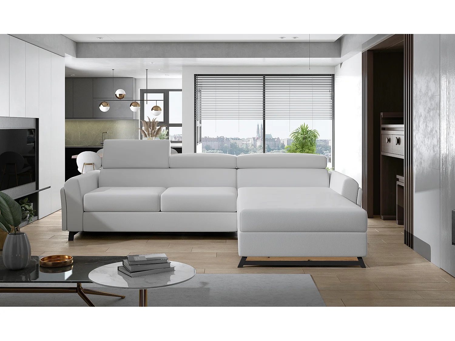 Canapé angle droit convertible simili clair blanc avec appuis-tête réglables Mazerali 300cm