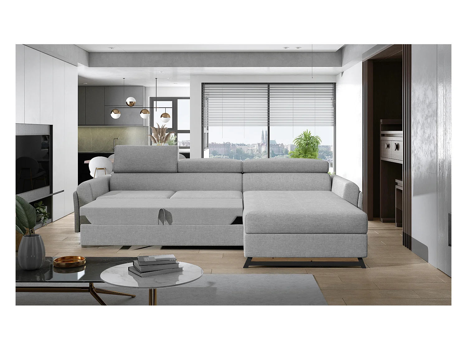 Canapé angle droit convertible simili clair blanc avec appuis-tête réglables Mazerali 300cm