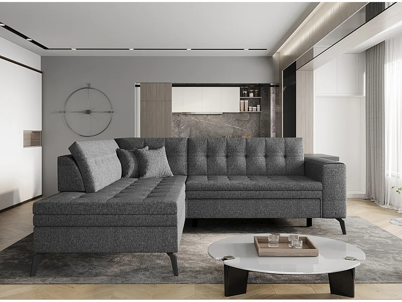 Canapé convertible capitonné angle gauche tissu gris foncé chiné Larry 260cm