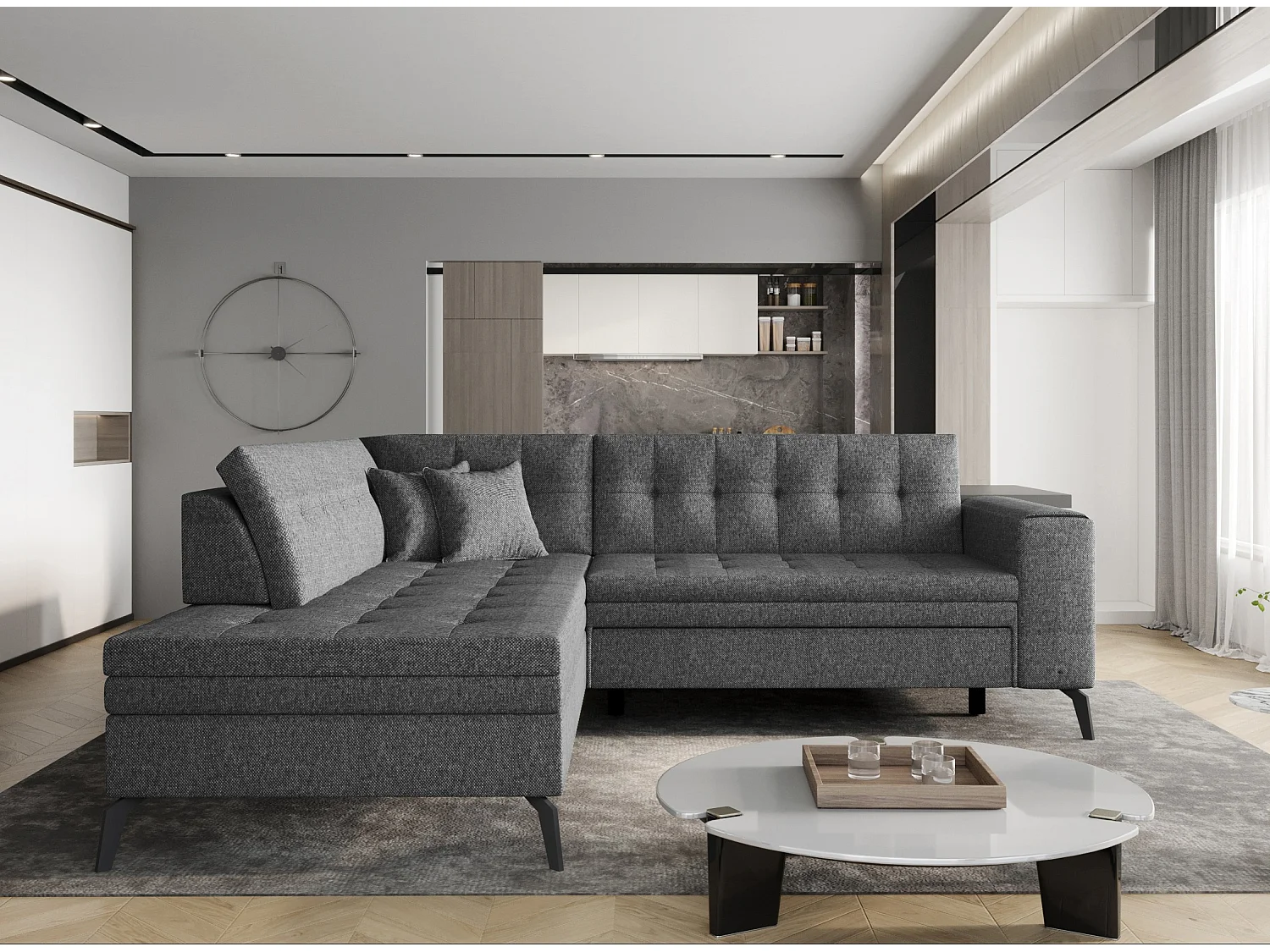 Canapé convertible capitonné angle gauche tissu gris foncé chiné Larry 260cm