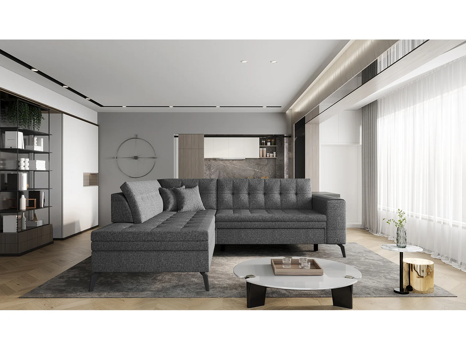 Canapé convertible capitonné angle gauche tissu gris foncé chiné Larry 260cm